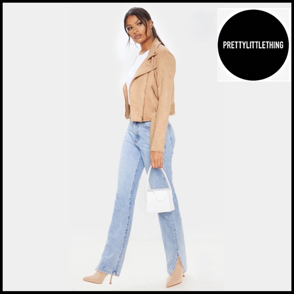 NWT PRETTYLITTLETHINGS CAMEL FAUX LEATHER SUEDE BIKER JACKET Sz XS - Picture 5 of 14